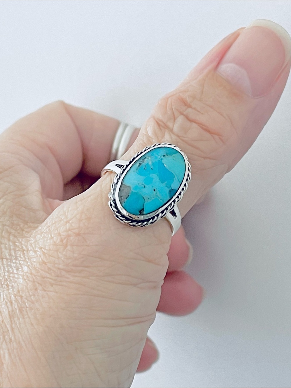 Sterling Silver Statement Oval Genuine Turquoise Ring, Boho Stone Silver Rings,